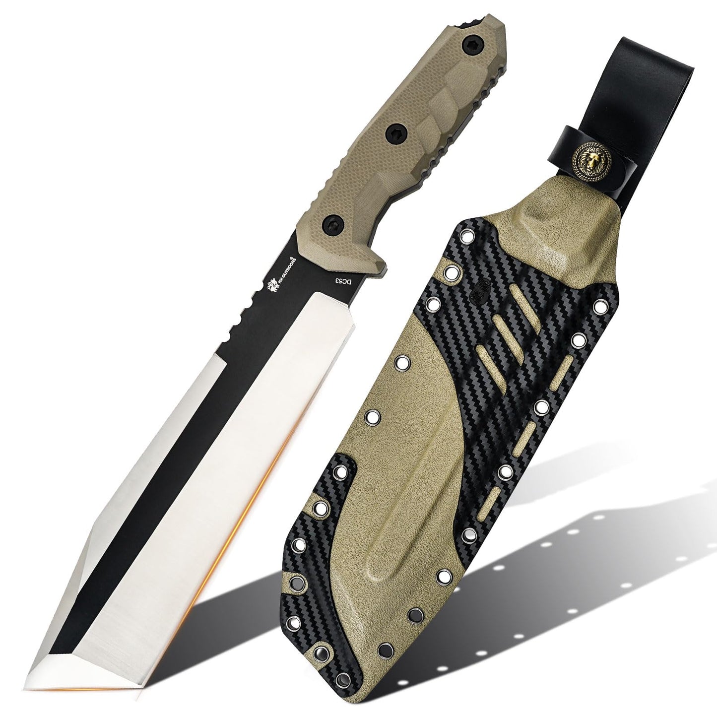 HX OUTDOORS 2-Pcs Survival Kit: 14" DC53 Steel Kukri Machete & Fixed Blade Camping Knife with Kydex Sheaths, Heavy Duty Bushcraft Tool Set for Clearing Brush, Yard Work & Camping