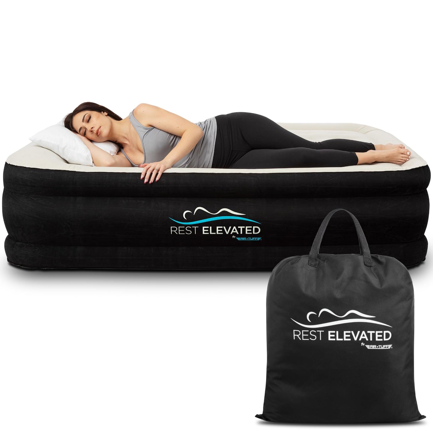 RestElevated Luxury Pillow Top Queen Size Air Mattress with Built in Pump | 20" Raised Height with Coil Beam Support | Adjustable Blow Up Air Bed | for Home, Guests and Camping [Black with Cream Top]