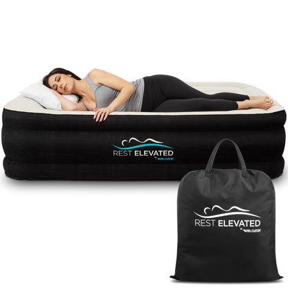 RestElevated Luxury Pillow Top Queen Size Air Mattress with Built in Pump | 20" Raised Height with Coil Beam Support | Adjustable Blow Up Air Bed | for Home, Guests and Camping [Black with Cream Top]
