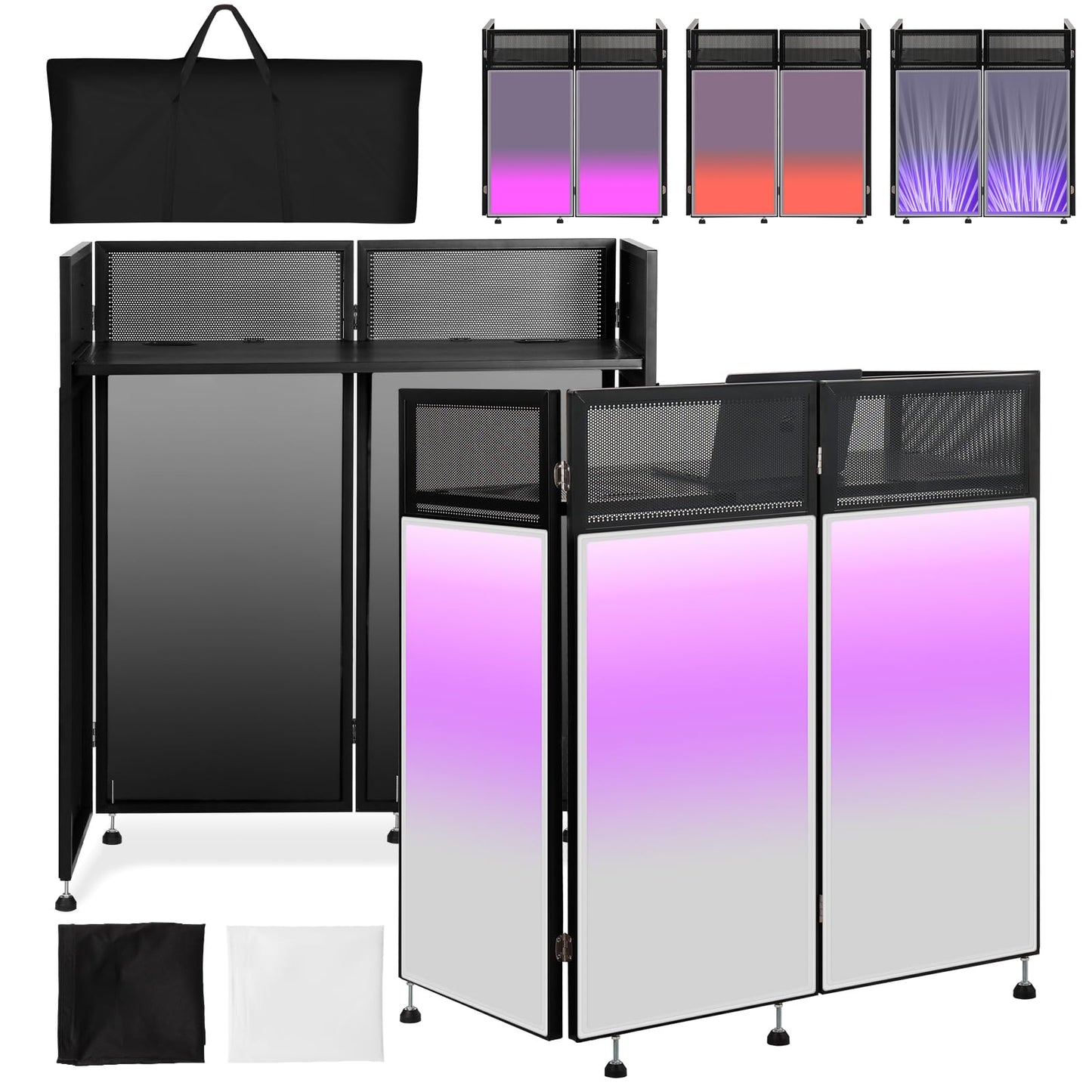 Kokorona Portable DJ Booth 43"L x 20"W x 45"H, DJ Facade Booth with Black & White Scrims, Folding DJ Booth for Party, DJ Facade Table Booth with Cable Hole, Black Metal Frame + Carry Bag