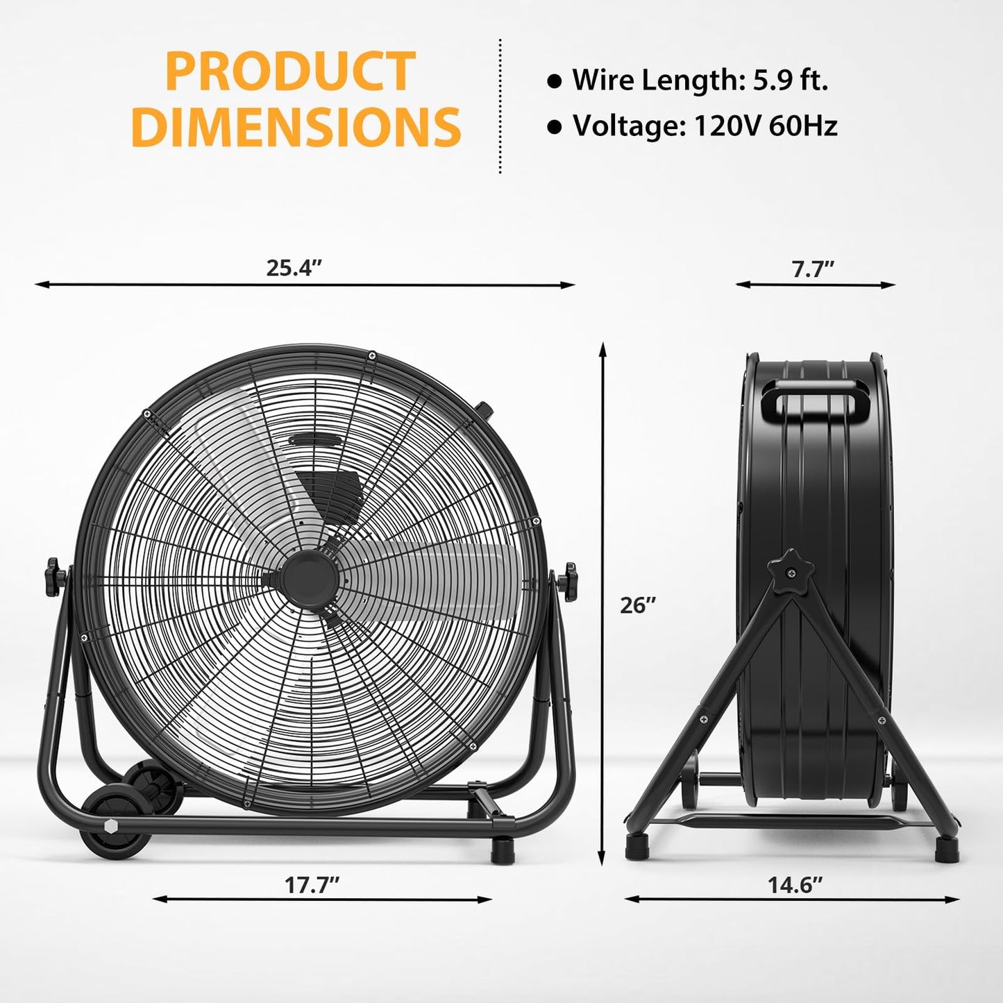 24 in High Velocity Drum Fan, Heavy Duty Industrial Fan, 8800 CFM Floor Fan, 3 Speed Garage Fan, Portable Air Circulator with 360° Tilt, Durable Metal Construction for Warehouse Workshop Jobsite