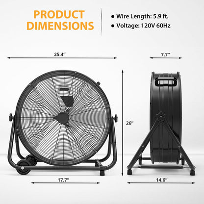 24 in High Velocity Drum Fan, Heavy Duty Industrial Fan, 8800 CFM Floor Fan, 3 Speed Garage Fan, Portable Air Circulator with 360° Tilt, Durable Metal Construction for Warehouse Workshop Jobsite