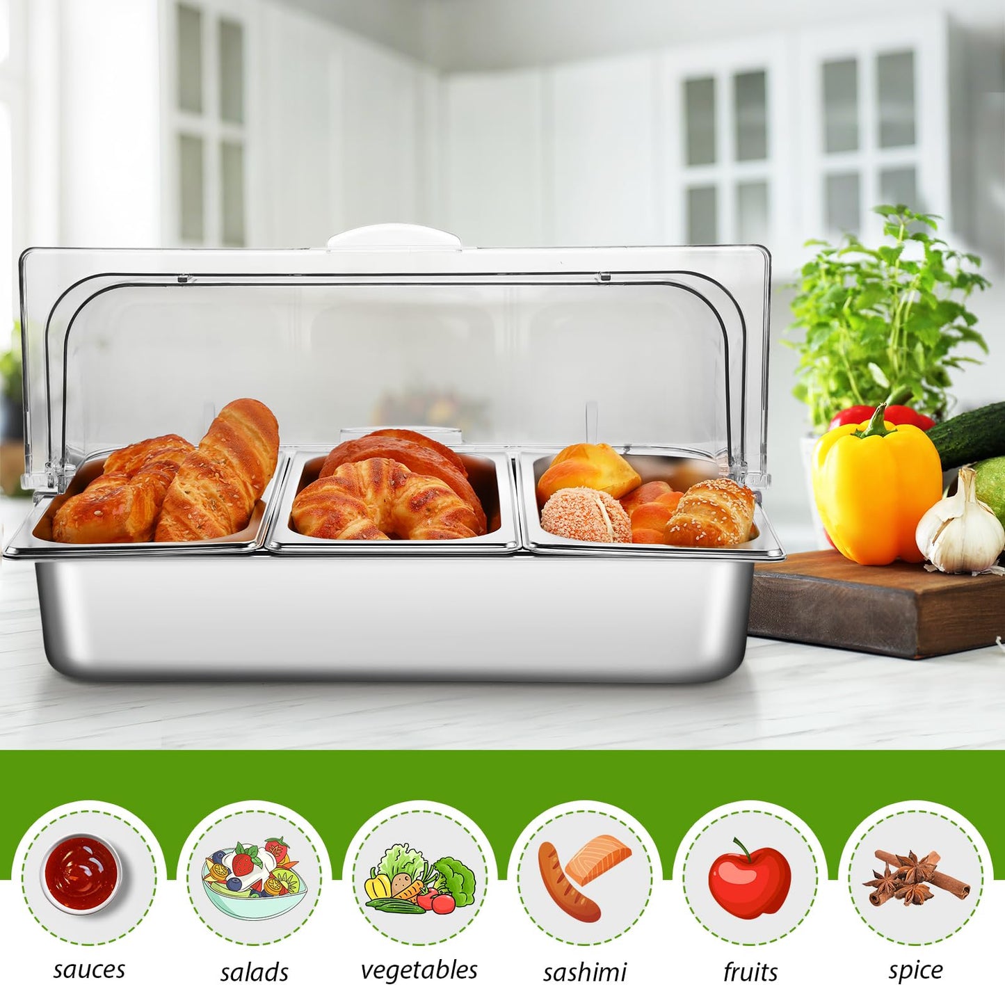 Ziliny 3 Pan Countertop Food Serving Display Container Stainless Steel Pizza Topping Station Display Rack Condiment Dispenser with Clear Roll Top Cover for Buffet Restaurant Hotel Kitchen Party