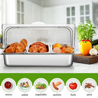 Ziliny 3 Pan Countertop Food Serving Display Container Stainless Steel Pizza Topping Station Display Rack Condiment Dispenser with Clear Roll Top Cover for Buffet Restaurant Hotel Kitchen Party