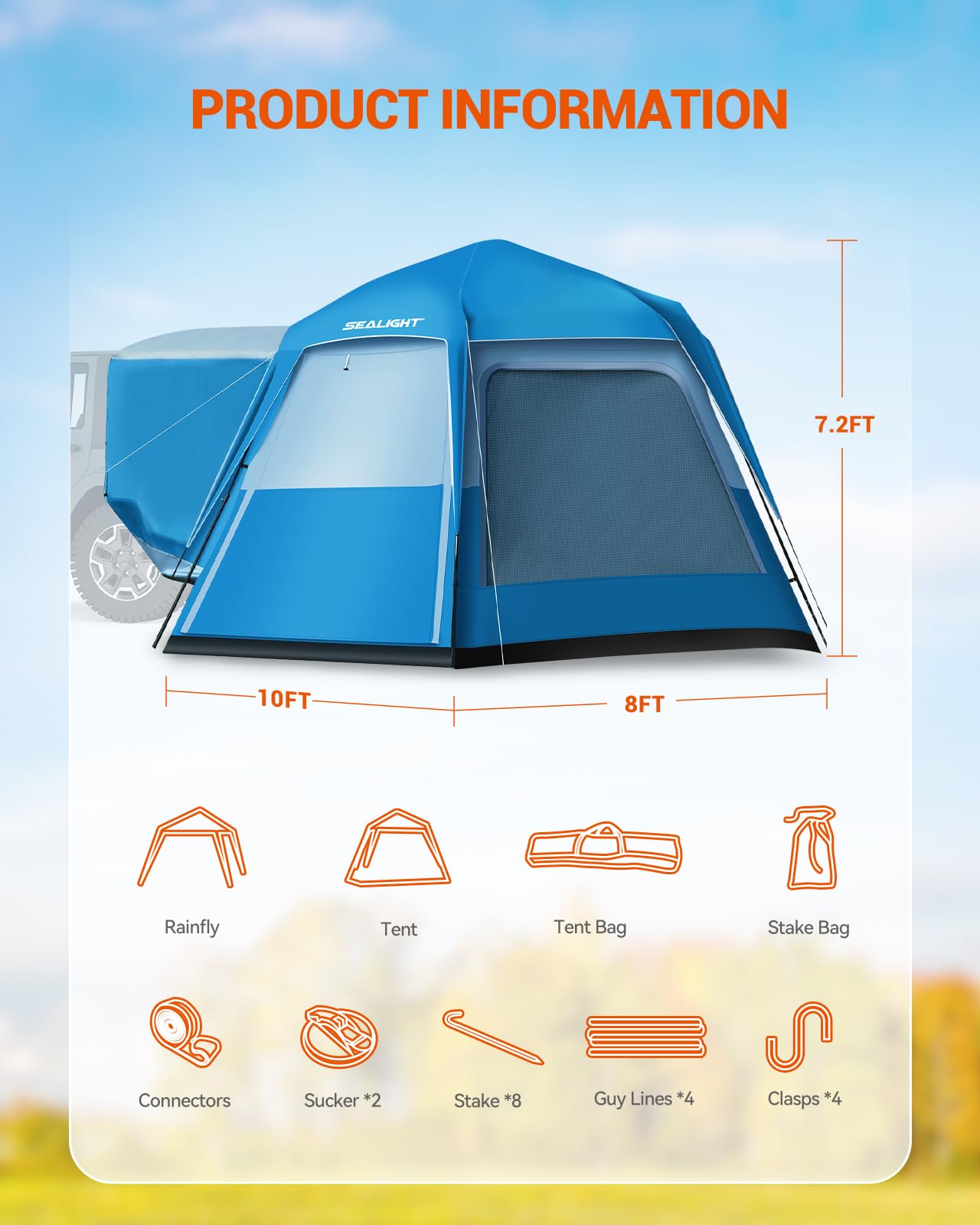 SUV Tent for Camping, Easy Set Up Tent Pop Up 6 Person Car Tailgate Tent with Rainfly for Travel Outdoor, Weather Resistant Waterproof PU3000mm, 2 in 1 Use 10FT(L) x8FT(W) x7.2FT(H)