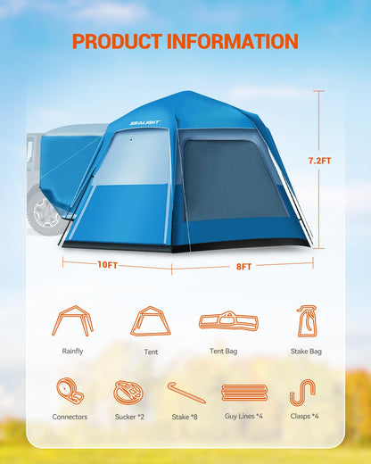 SUV Tent for Camping, Easy Set Up Tent Pop Up 6 Person Car Tailgate Tent with Rainfly for Travel Outdoor, Weather Resistant Waterproof PU3000mm, 2 in 1 Use 10FT(L) x8FT(W) x7.2FT(H)