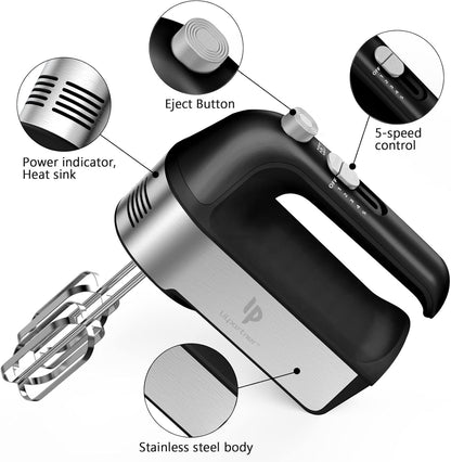 Skiennix Electric Hand Mixer - 450W Kitchen Mixer with Turbo Boost & 5 Speed Settings | Black