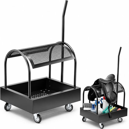 Metal Rolling Saddle Rack Cart with Basket Storage Box Built-in Grooming Organizer Fits Western English Saddles 360° Swivel Wheels Heavy Duty Caster for Tack Room, Bridle, Horse Lovers, Cowboy