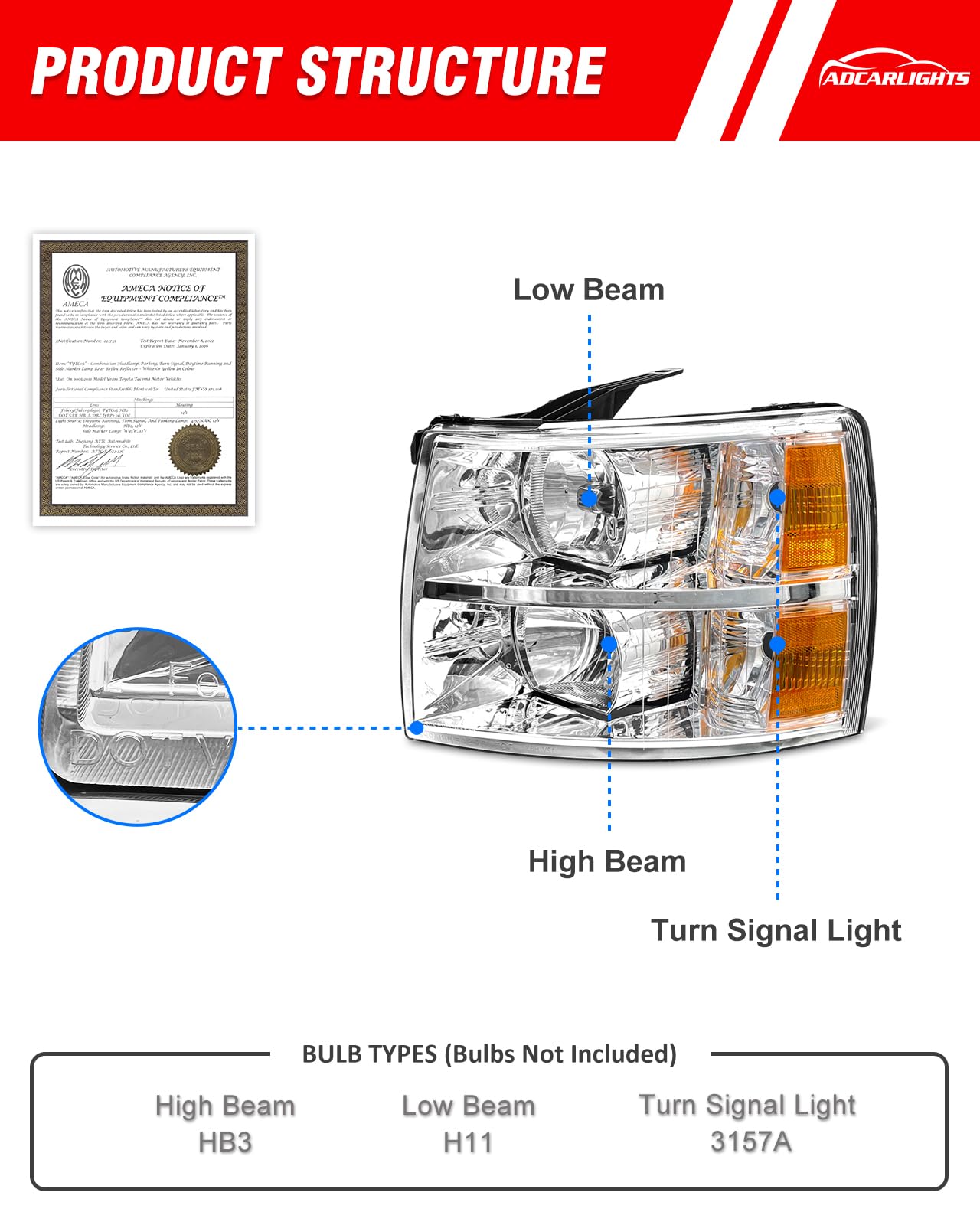 ADCARLIGHTS Headlight Assembly for 07-13 Chevy Silverado 1500/07-14 2500HD 3500HD OE Fit IP65 Waterproof 200% Brighter Halogen Headlamp Left+Right Chrome Clear（W/O Bulbs）