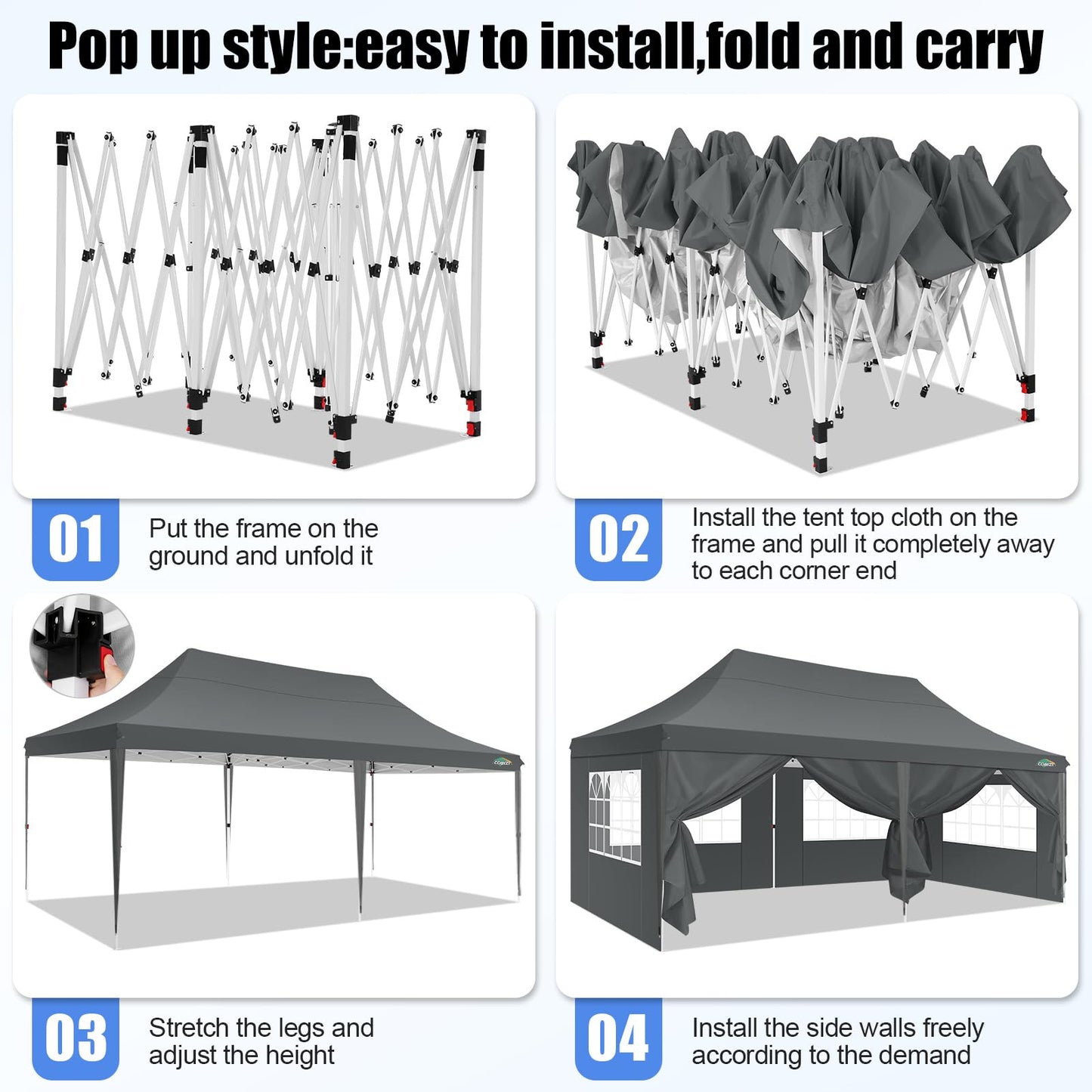 COBIZI 10x20 Pop Up Canopy with 6 Sidewall, Commercial Canopy UPF 50+ Waterproof Outdoor Gazebo with Carry Bag, Tents for Parties with Upgrade Frame, 3 Height Adjustable, Classic Grey
