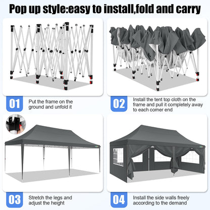 COBIZI 10x20 Pop Up Canopy with 6 Sidewall, Commercial Canopy UPF 50+ Waterproof Outdoor Gazebo with Carry Bag, Tents for Parties with Upgrade Frame, 3 Height Adjustable, Classic Grey