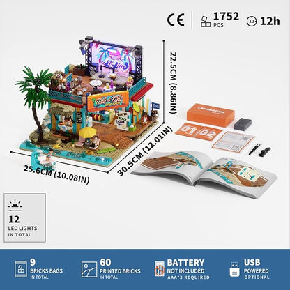 Surf Shop Lighting Building Bricks Set - Coast Club Modular Collection Display Kit with LED and Minifigures 1752 Pcs for Adults &amp Teens &amp Marine Enthusiasts