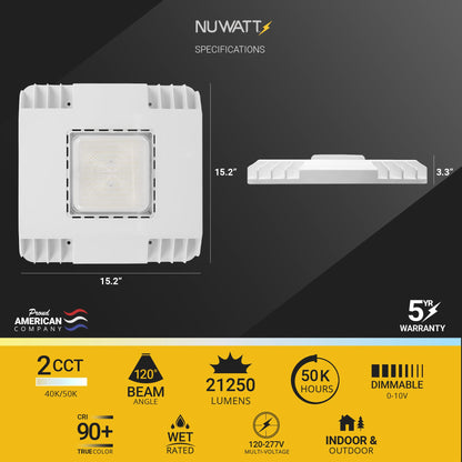 NUWATT 150W Waterproof LED Canopy Lights for Gas Station, 4000K/5000K Selectable, 21250LM, Dimmable, 120-277V, IP67 Rated, Indoor & Outdoor LED Parking Garage Lighting or Light for Carport