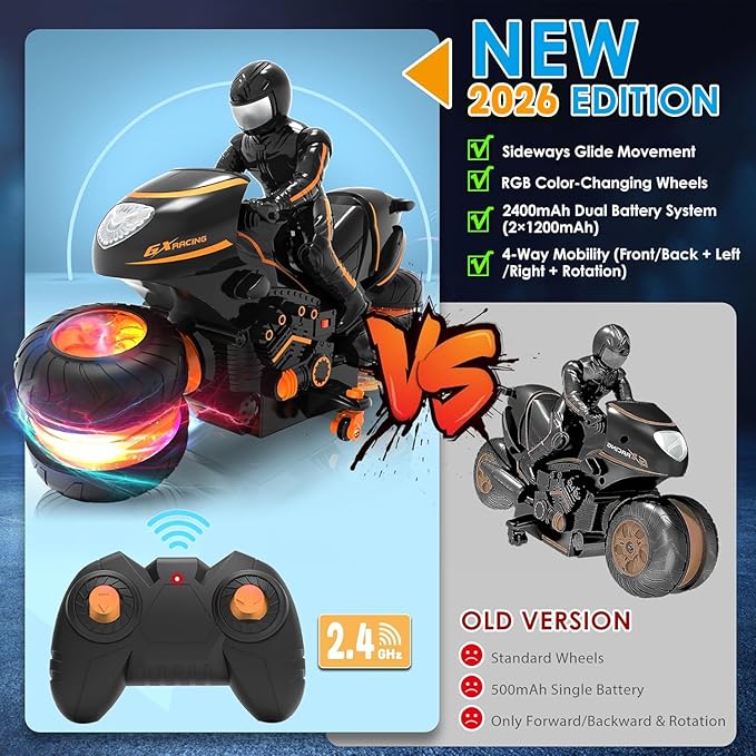 Remote Control Motorcycle for Kids 5-12 2026 New Edition RC Stunt Bike with Sideways Glide RGB Color-Changing Wheels 2.4GHz Anti-Interference 2x1200mAh Battery Gift for Boys Girls