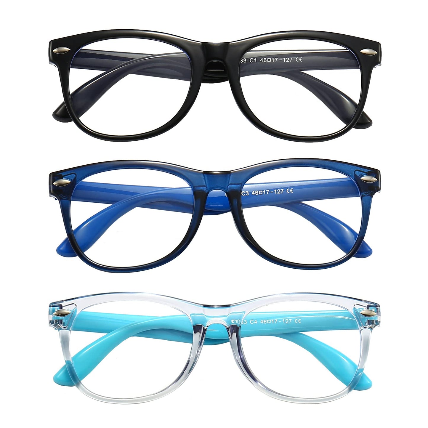 FANNYGO 3 Pack kids Blue Light Blocking Glasses For Girls And Boys Computer Blue Light Blocking Glasses For Age 3-9 (Black + Dark blue + Light blue)