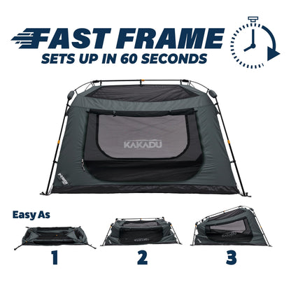Kakadu Fast Frame Tent 3P, 3 Person Camping Tent, 1-Minute Setup, Fast Frame Twin Hub Design w/Pre-Attached Poles, Stargazing-Ready, Weatherproof, w/Awning Poles, and Carry Bag
