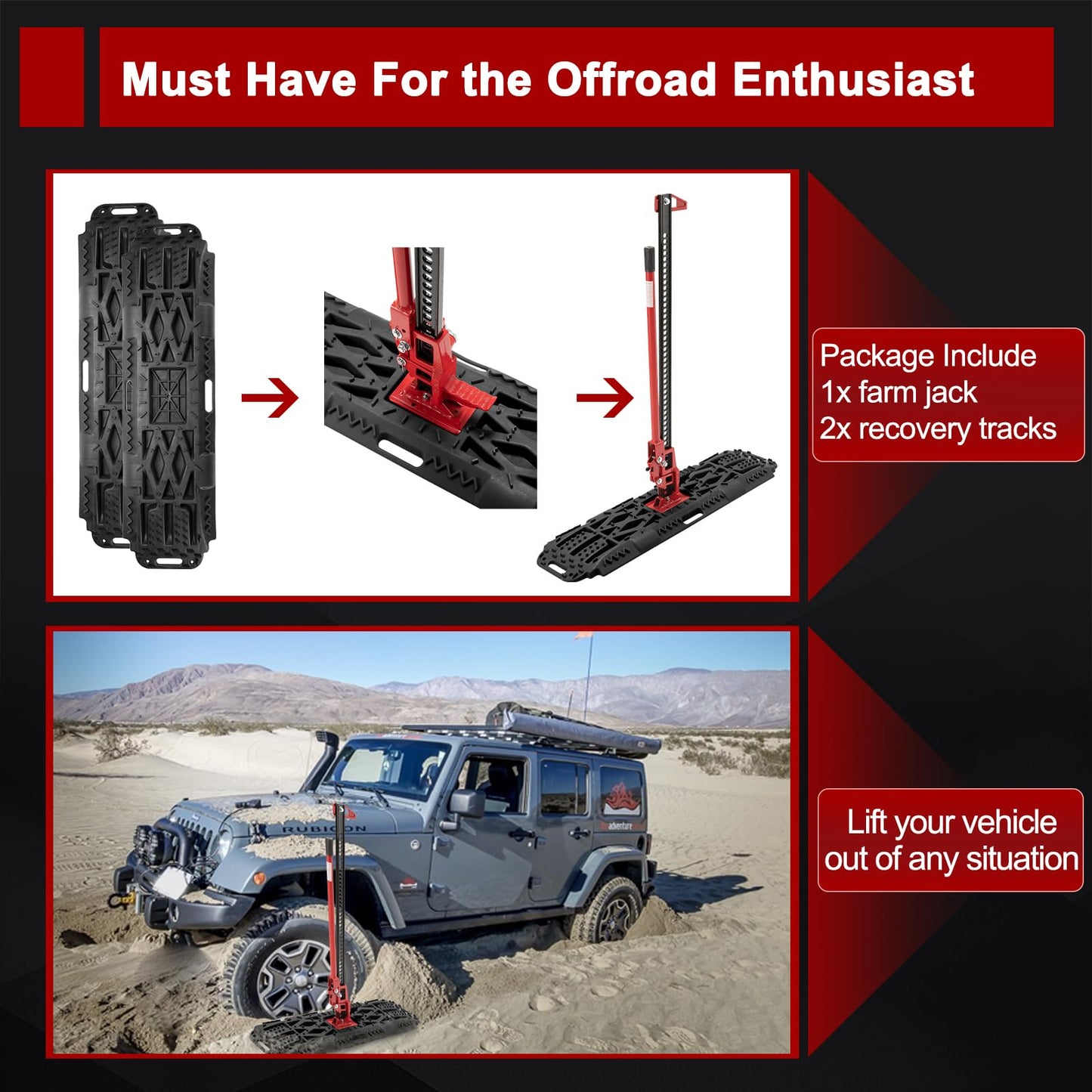 BUNKER INDUST Offroad High Lift Jack with Pair Traction Board Mate + 1"×30ft Kinetic Recovery Rope with 2 Soft Shackles Kit