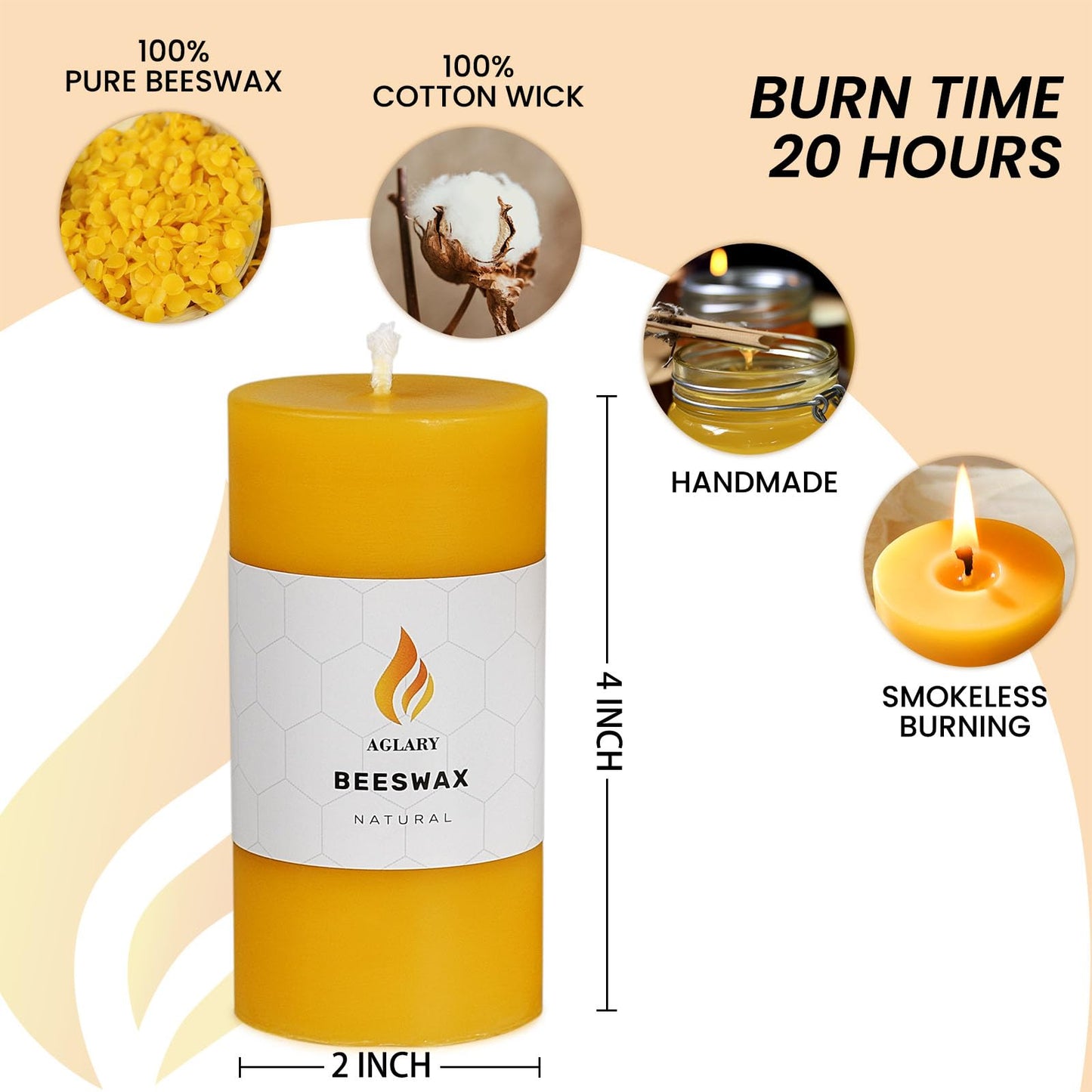 AGLARY 6PCS Beeswax Pillar Candles,Large Handmade Pure Beeswax Candle,Long Lasting Burn Time，Unscented Smokeless，2 * 4",28H, Raw