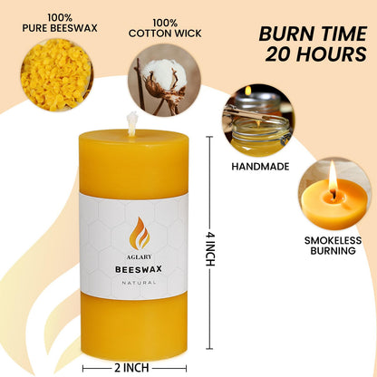 AGLARY 6PCS Beeswax Pillar Candles,Large Handmade Pure Beeswax Candle,Long Lasting Burn Time，Unscented Smokeless，2 * 4",28H, Raw