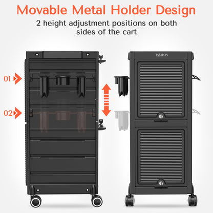 TASALON Lockable Salon Trolley, 6-Drawer Rolling Beauty Cart with Tool Holders, Mobile Hair Stylist Station with Locking Doors & Wheels, Black