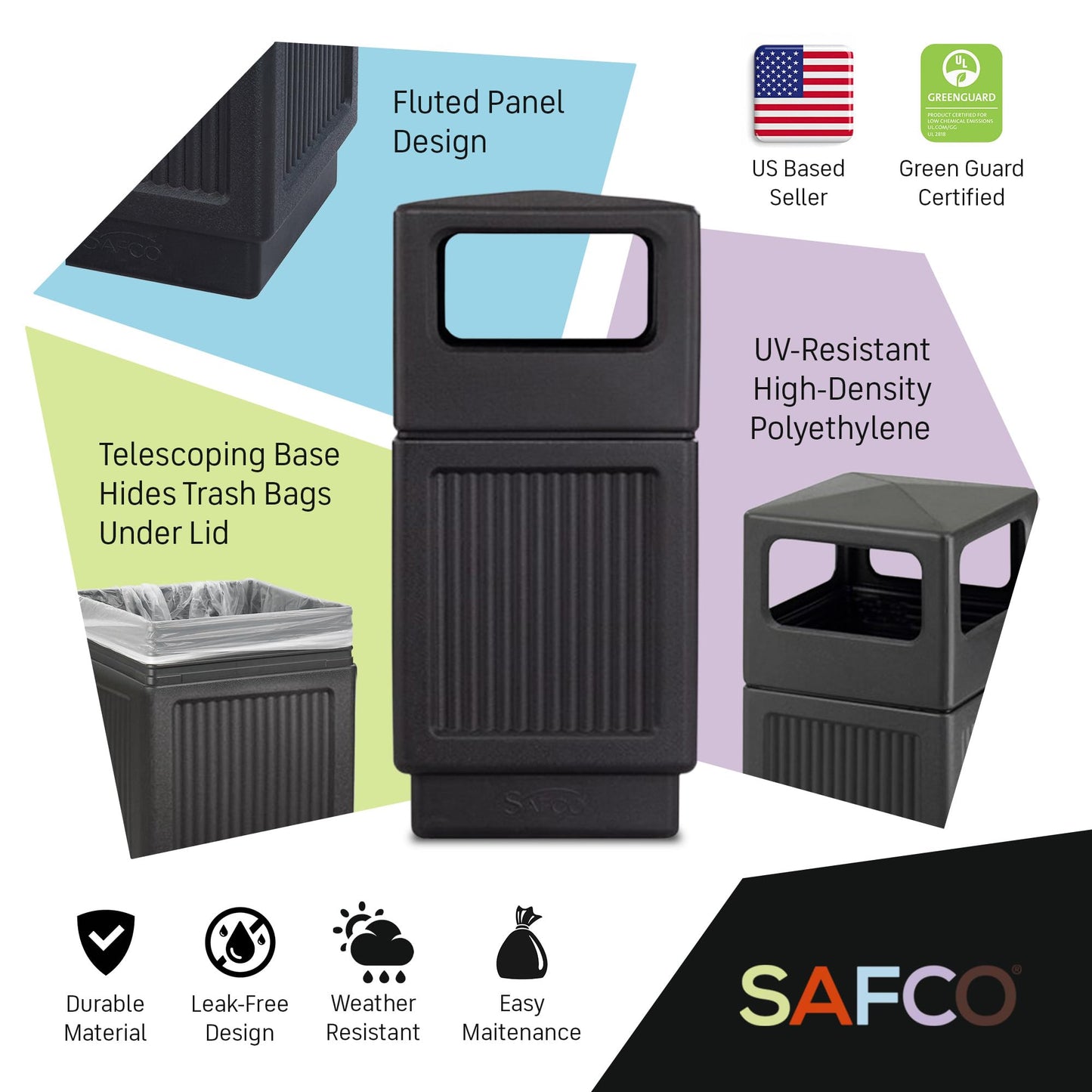 Safco Black Canmeleon Outdoor and Indoor Recessed Panel Trash Can Receptacle for Gas Stations, Shopping Outlets, and Restaurants, 38 Gallon Capacity
