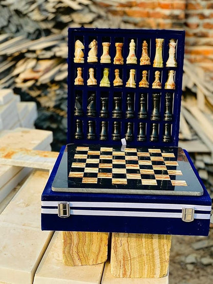 Large Handmade Full Chess Set Marble Chess Board 32 Chess Game Pieces Unique Home décor. Handcrafted Tournament Chess Board - 2 Players. (Black MultiGreen)
