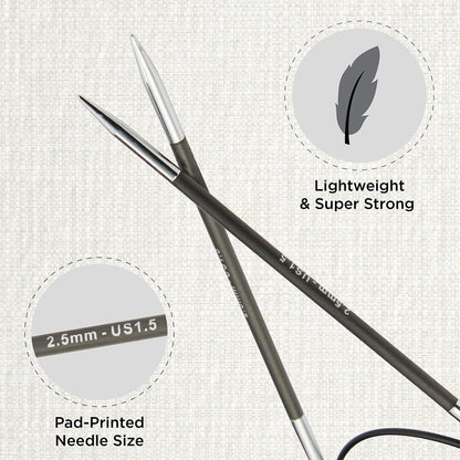 KnitPro Karbonz Fixed Circular Needle 40"(100cm) | US Size 1.5 (2.5mm)