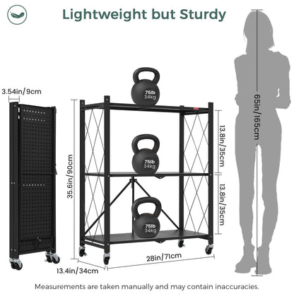 DEANIC 3 Tier Foldable Storage Shelves with Wheels, Large Capacity Shelving Unit, Freestanding Metal Wire Shelf Rack, No Assembly Organizer Rack for Garage Kitchen, Basement, Pantry(Black,3 Pack)