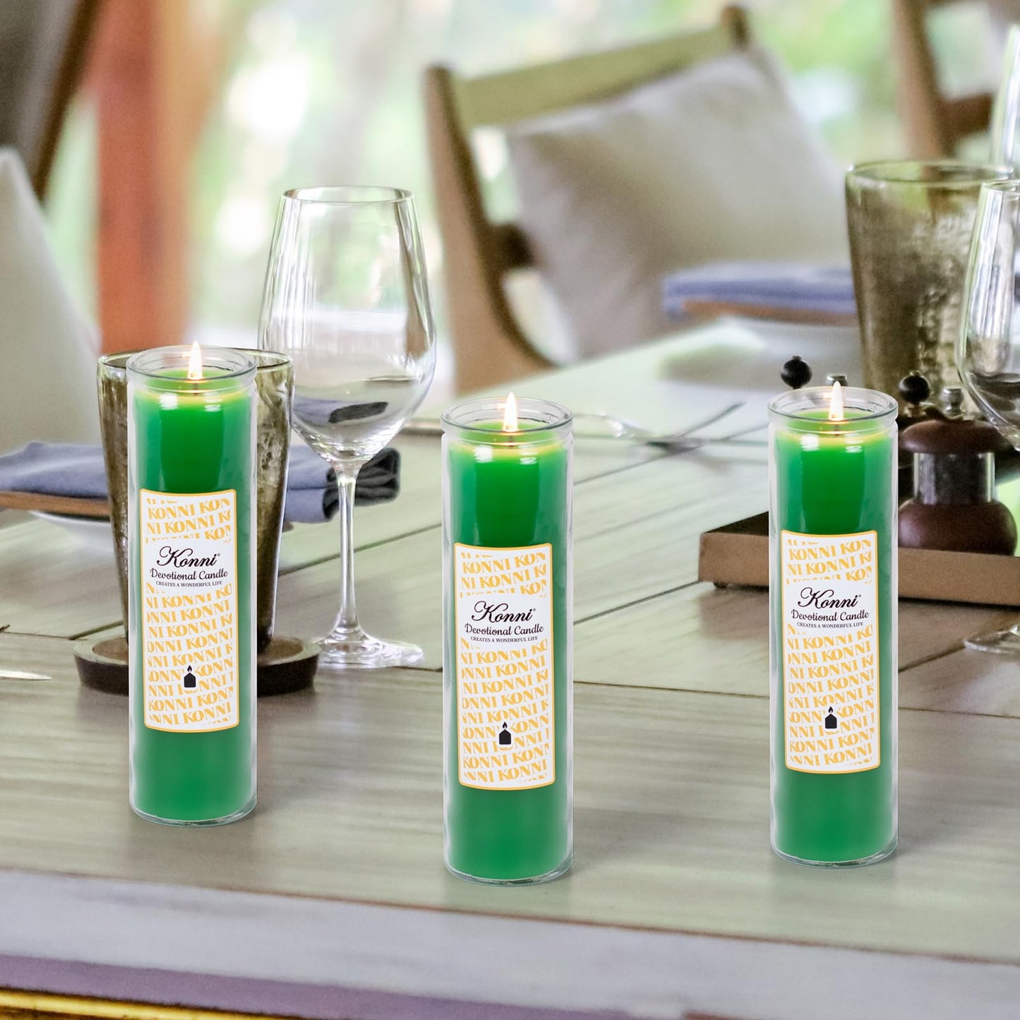 KONNI 2x8 Inch Green Pillar Candles in Glass Set of 3, Devotional Prayer Candle, Unscented Religious Candles, 105 Hours Emergency Long Burning, Ideal for Memorials, Vigil, Blessing