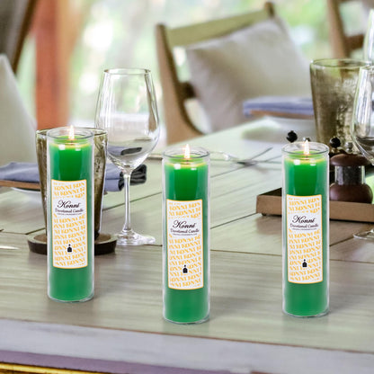 KONNI 2x8 Inch Green Pillar Candles in Glass Set of 3, Devotional Prayer Candle, Unscented Religious Candles, 105 Hours Emergency Long Burning, Ideal for Memorials, Vigil, Blessing
