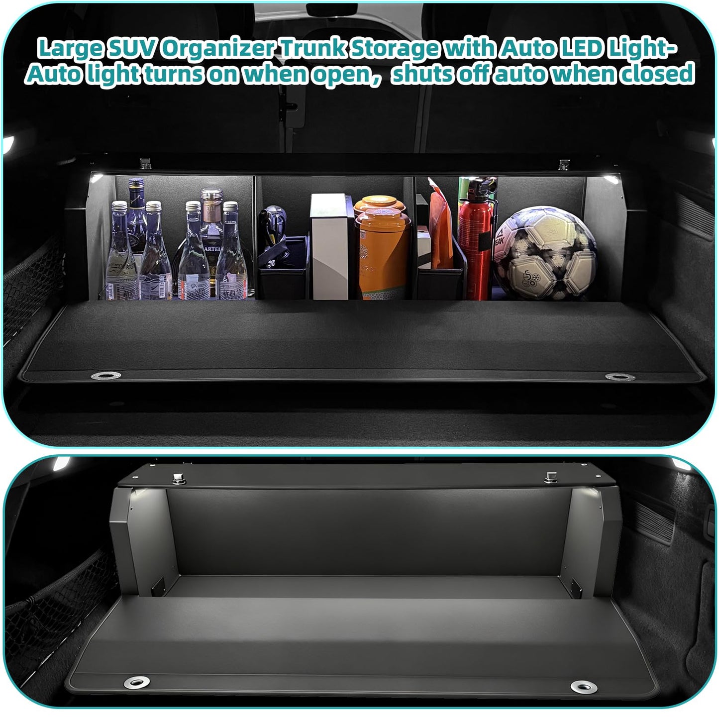 CarCrate Car Trunk Organizer with LED Light, SUV Organizer Trunk Storage, Leather Callapsible Storage Box, Waterproof Car Organizers and Storage Powered by 4 AA Batteries(Batteries Not Included)
