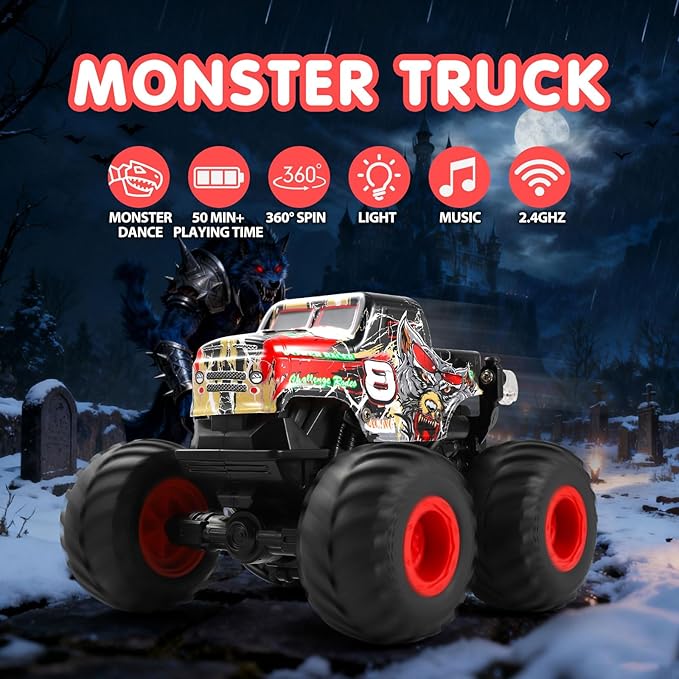 DYODYORC Remote Control Car 2.4Ghz All Terrain Monster Truck Toys RC Truck with Music 3 Lighting Effects 360 Stunt Capable 2 Batteries Ready to Run Toy Gifts for Boys and Girls (Red)