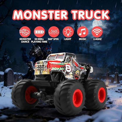 DYODYORC Remote Control Car 2.4Ghz All Terrain Monster Truck Toys RC Truck with Music 3 Lighting Effects 360 Stunt Capable 2 Batteries Ready to Run Toy Gifts for Boys and Girls (Red)
