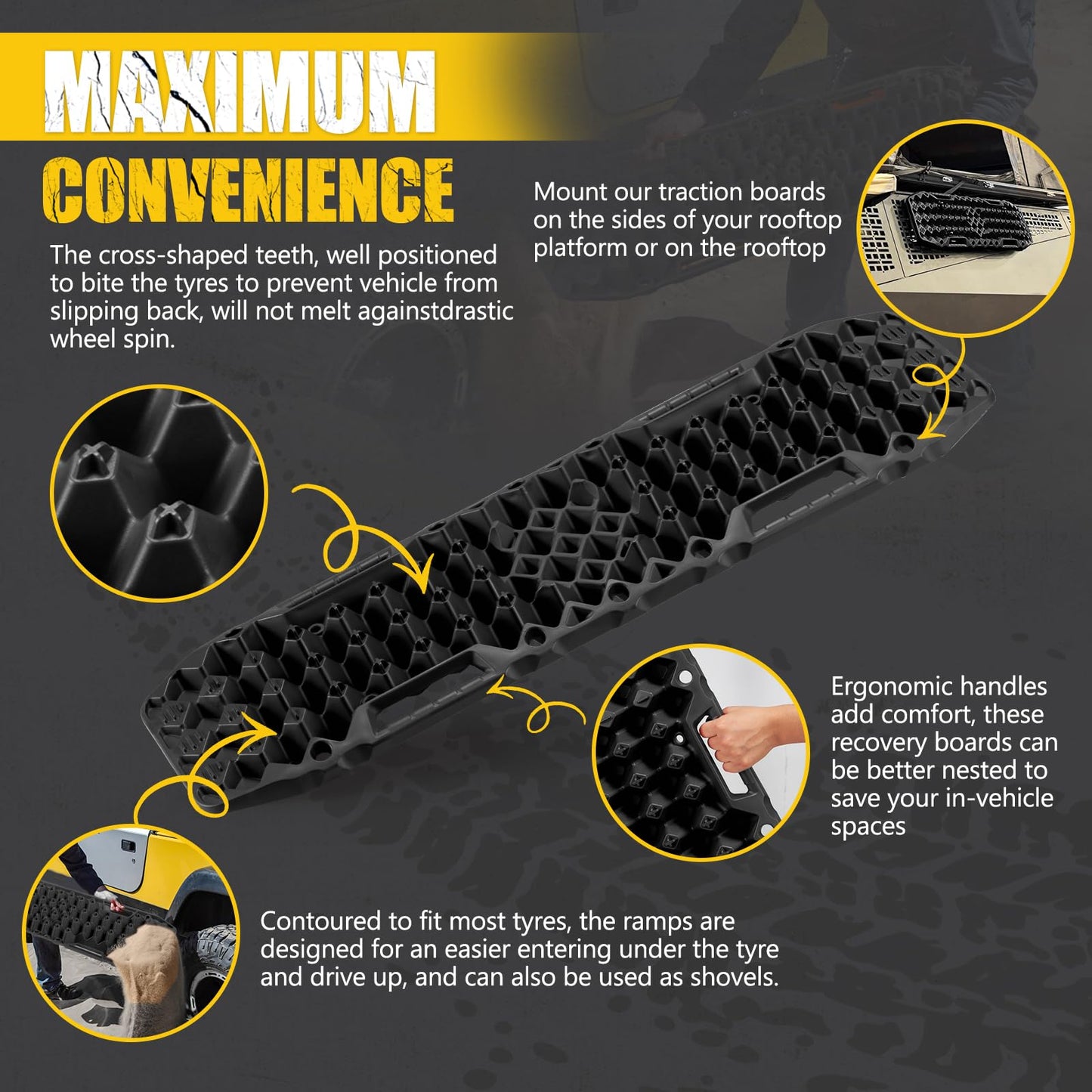 BUNKER INDUST Off-road Traction Boards with Jack Base,Pair Recovery Track 4X4 Jeep Truck Emergency Tire Traction Mat with Bag -Sand, Mud, Snow Tracks Black Traction Pad (Gen 7th)