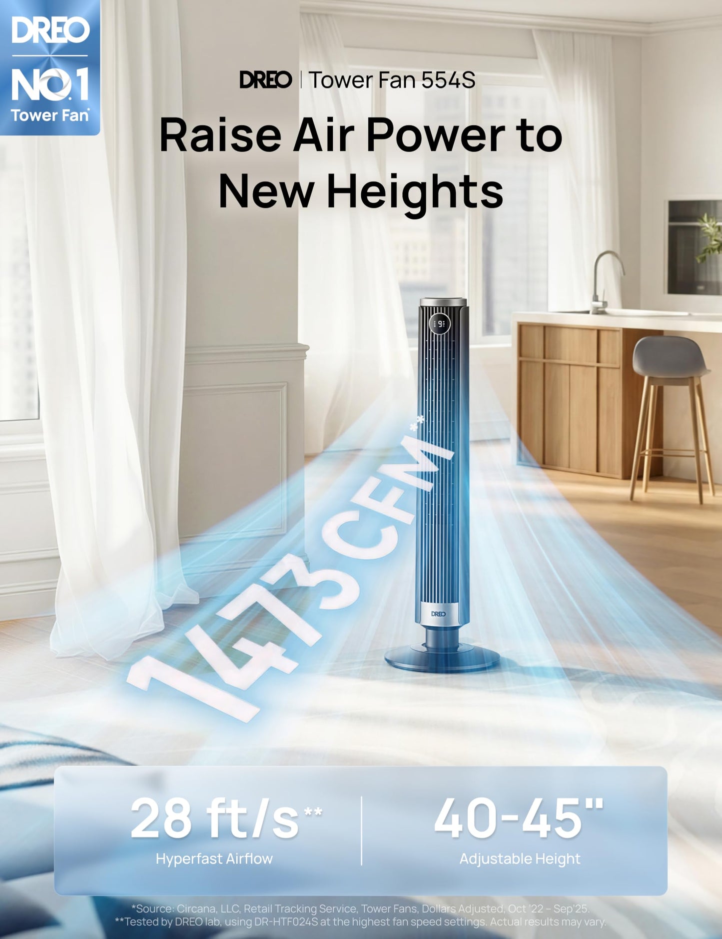 DREO Smart Tower Fan for Bedroom, 40”-45” Adjustable Height, 28 ft/s Velocity, DC Motor, 9 Speeds, 4 Modes, 90°Oscillating, Standing Fan, 20dB Quiet, 12H Timer for Home, Office, Google/Alexa, Black