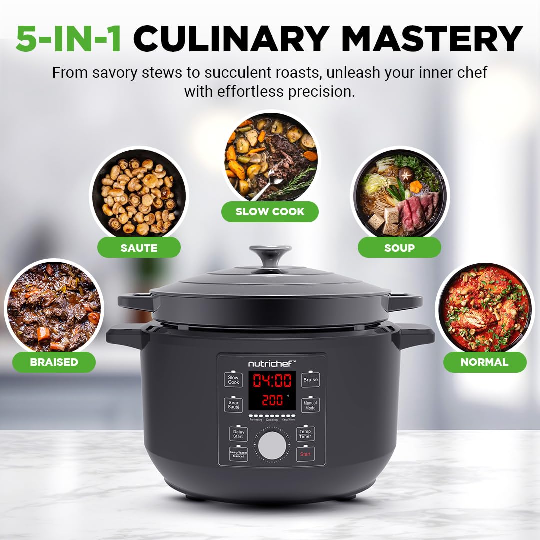 Nutrichef 6 Quart Electric Dutch Oven | 1500W 5-in-1 Enamel Coated Cast Iron Pot with Stainless Steel Lid | Precise Temperature Control | Includes 2 Silicone Pot Holders & Heat Resistant Pad | Black