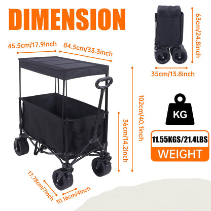 Nice C Wagon with Canopy, Collapsible Wagon, Foldable Wagons, 30W Portable Solar Panel w/USB, Type-C & DC Charging Cable, All-Terrain Wheels