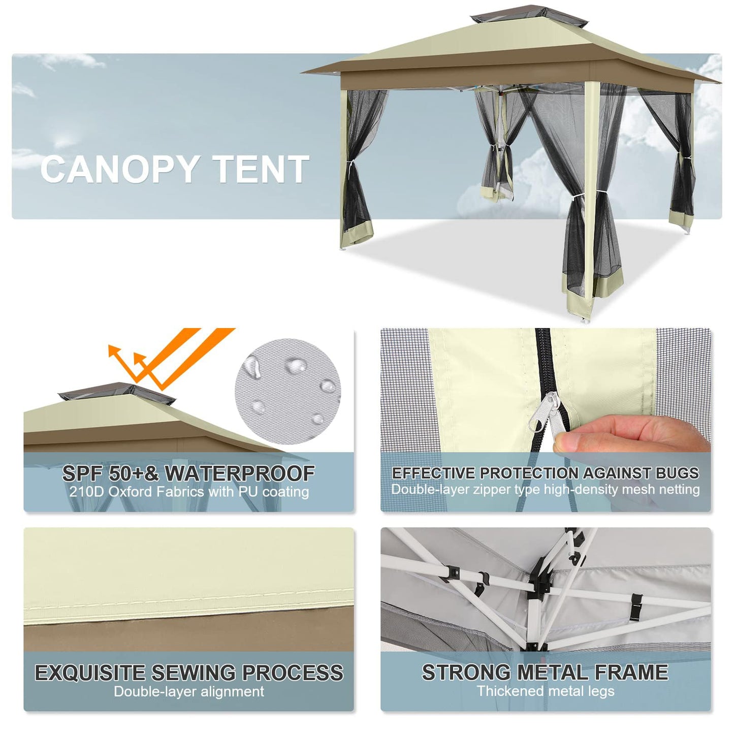 COBIZI 12x12 FT Pop up Gazebo on Clearance Canopy Tent, Carpas para Patio, Easy up Outdoor Canopy Tents with Portable Storage Bag for Backyard, Outdoor Waterproof Gazebos for Garden, Camping, Khaki