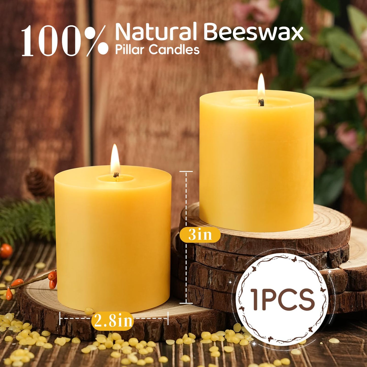 1 Pack 100% Pure Beeswax Candles,45 Hours Long Burning-Natural Beeswax Pillar Candles for Emergency,Unscented Bees Wax Candles for Home,Paryer,Parties,Pillar Candle Bulk 2.8x3in