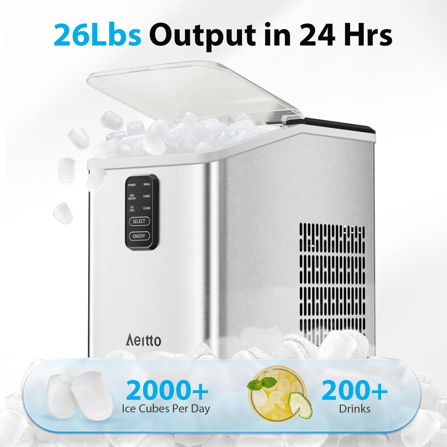 Aeitto Ice Maker Countertop 26lbs/24H, 8 Ice Cubes 2 Sizes of Bullet Ice Ice Machine Ready in 6 Mins, Portable Ice Makers with Basket & Scoop, Auto Self-Cleaning for Home/Kitchen/Office Stainless