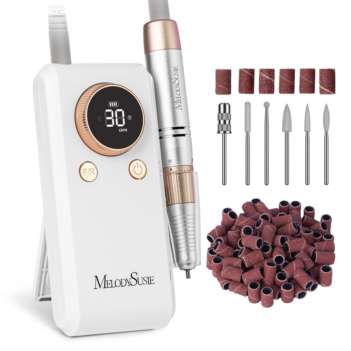 MelodySusie 2 in 1 Professional Nail Drill, 30000 RPM SC330G Electric Nail File with Kickstand for Gel Nails Polishing Removing, Portable Cordless Nail Efile for Manicure Pedicure at Home & Salon,Gold