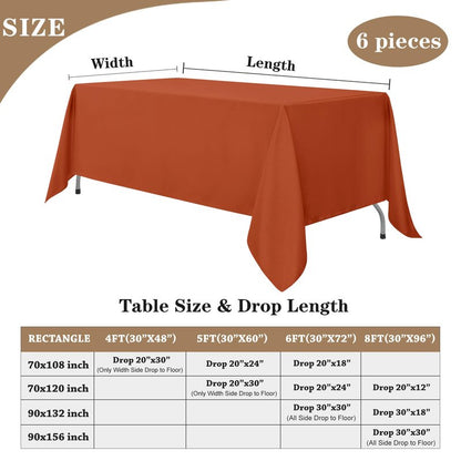 Fitable Rust Table Clothes for Rectangle Tables, 6 Pack - 90 x 132 Inch - Reusable and Elegant Fall Tablecloths, Polyester Fabric Table Covers for Wedding, Party, Banquet, Formal Events