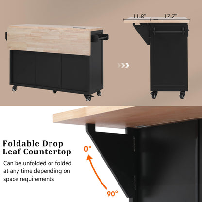 Trygoal Kitchen Island with Power Outlet and Drop Leaf, 56.5" Rolling Kitchen Cart on Wheels with 5 Drawers & 4 Soft-Closing Doors, Mobile Kitchen Island with Embossed Stripe for Dining Room, Black