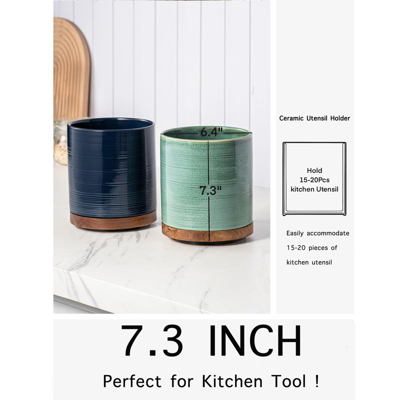 MIKIGEY Utensil Holder, 360° Rotating Extra Large Ceramic Kitchen Utensil Holder for Countertop, 7.3“ Cooking Utensil Crocks for Kitchen Counter with Rotatable Wooden Base, Farmhouse Decor, Dark Blue