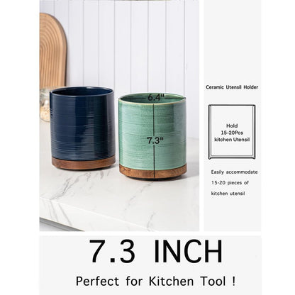 MIKIGEY Utensil Holder, 360° Rotating Extra Large Ceramic Kitchen Utensil Holder for Countertop, 7.3“ Cooking Utensil Crocks for Kitchen Counter with Rotatable Wooden Base, Farmhouse Decor, Dark Blue