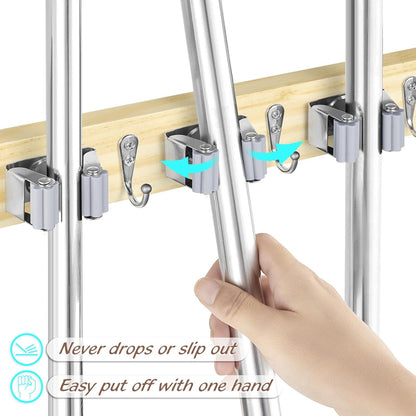 OUTNILI Mop and Broom Holder Wall Mount - Light Wood Organizer with 4 Slots & Hooks for Garage, Kitchen, Laundry Room