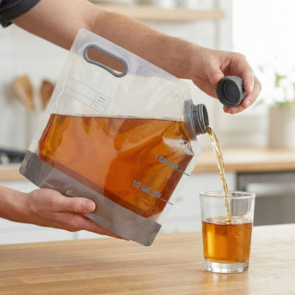 Restaurantware Cater Tek 1 Gallon Water Containers 10 Drink Bags - Collapsible Includes Tamper-Evident Caps Clear Plastic Beverage Bags For Catered Events Camping or Hiking Durable Handle