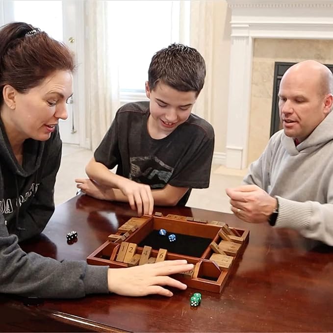 WE Games Shut The Box Board Game - Classic 4 Player Wooden Table Top Dice Game for Family Game Night Walnut Stained Wood 14 in. 10 Numbers Classroom Play or Bar Fun for Adults