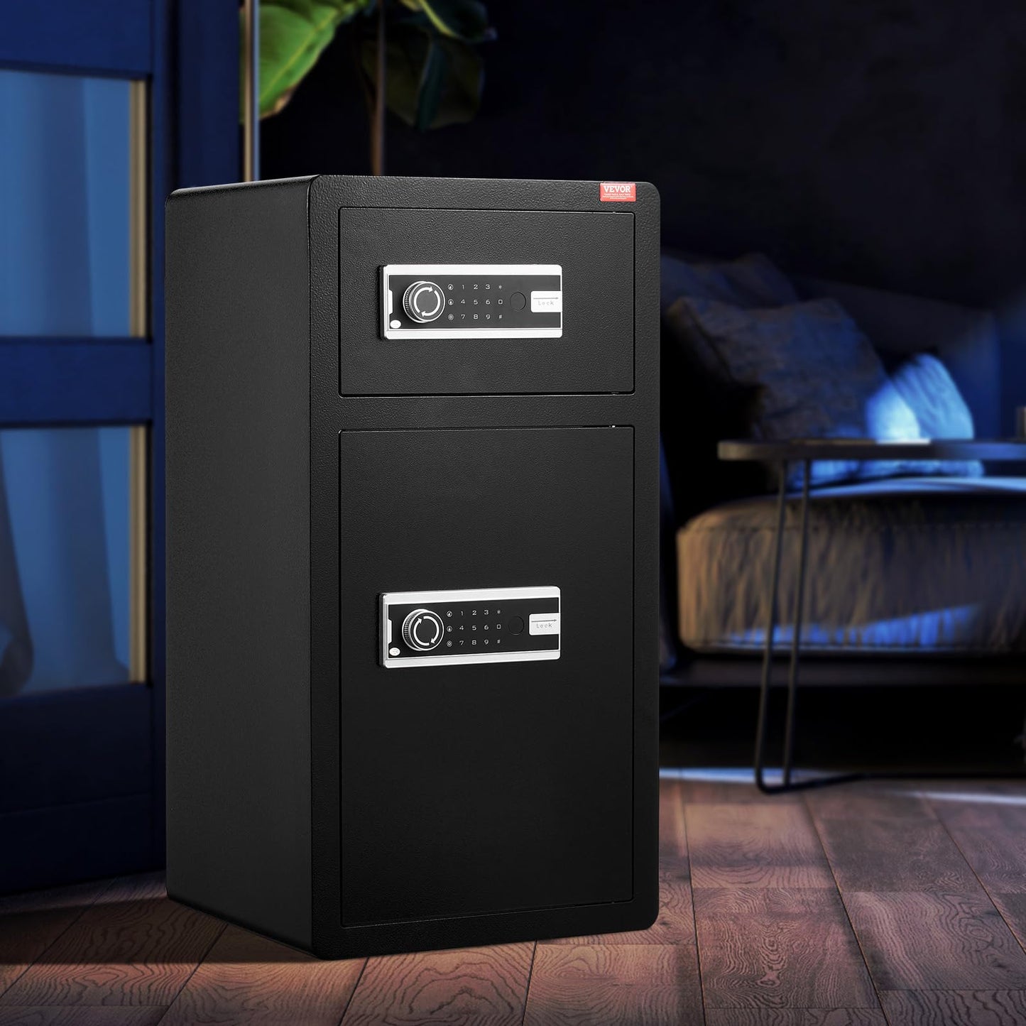 VEVOR Double Doors 5.5 cu.ft Safe Box with Key Lock & Password, Safe Lock Box with Fireproof Bag, Key Rack, LED Light, 2 Height Adjustable and Removable Divider and 1 Cabinet for Money,Documents,Black