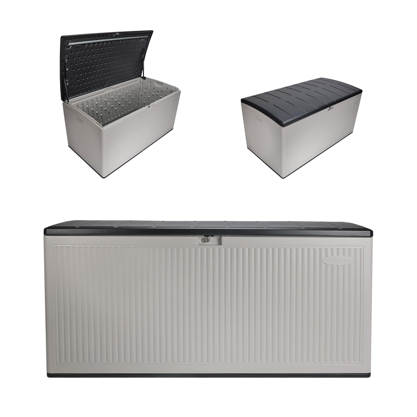 Suncast 160-Gal. Resin Extra-Large Outdoor Patio Deck Box with Pad-Lockable Lid, Modern Reeded Outdoor Patio Bench/Storage Box for Cushions, Garden Tools, and More, Iron Ore/French Gray